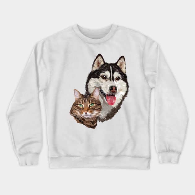 Cat and husky Crewneck Sweatshirt by obscurite